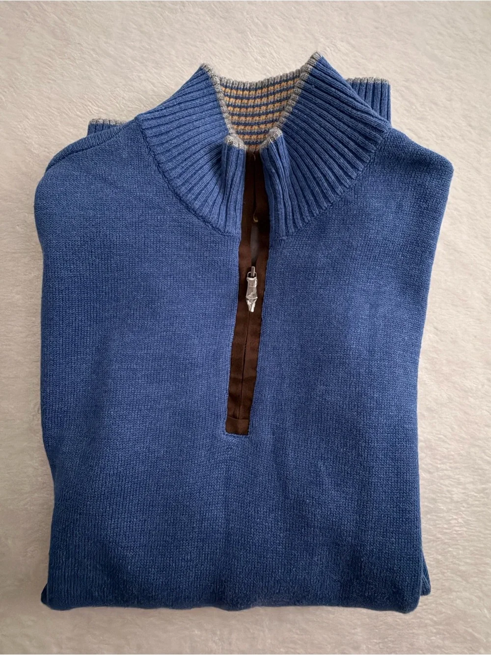 Robert Graham Men's Blue Quarter-Zip Cotton Long Sleeve Sweater with Brown Trim